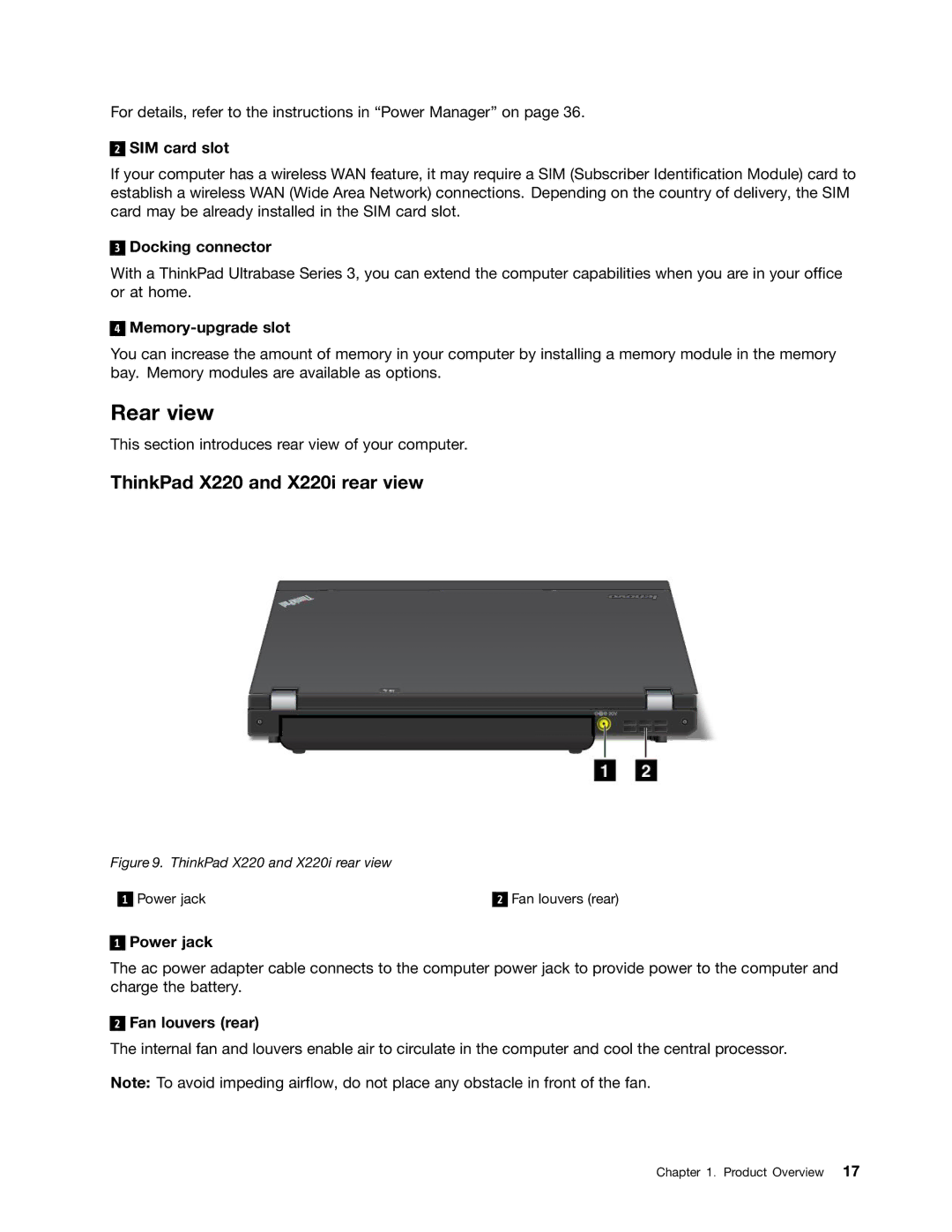 Lenovo 429133U, X220I TABLET, X220 TABLET Rear view, ThinkPad X220 and X220i rear view, Power jack, Fan louvers rear 