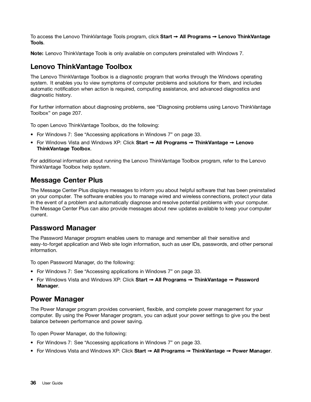 Lenovo X220 TABLET, X220I TABLET manual Lenovo ThinkVantage Toolbox, Message Center Plus, Password Manager, Power Manager 