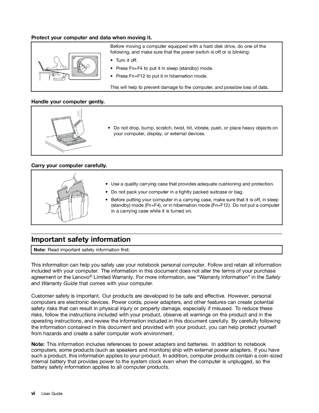 Lenovo 42912XU Important safety information, Protect your computer and data when moving it, Handle your computer gently 