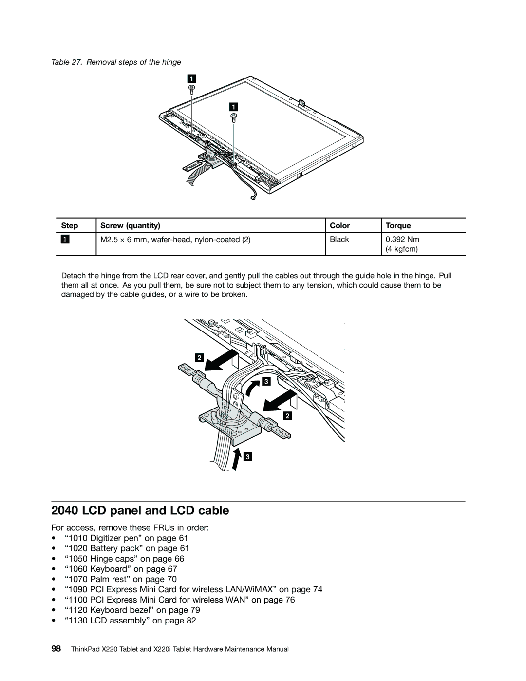 Lenovo X220I manual LCD panel and LCD cable 