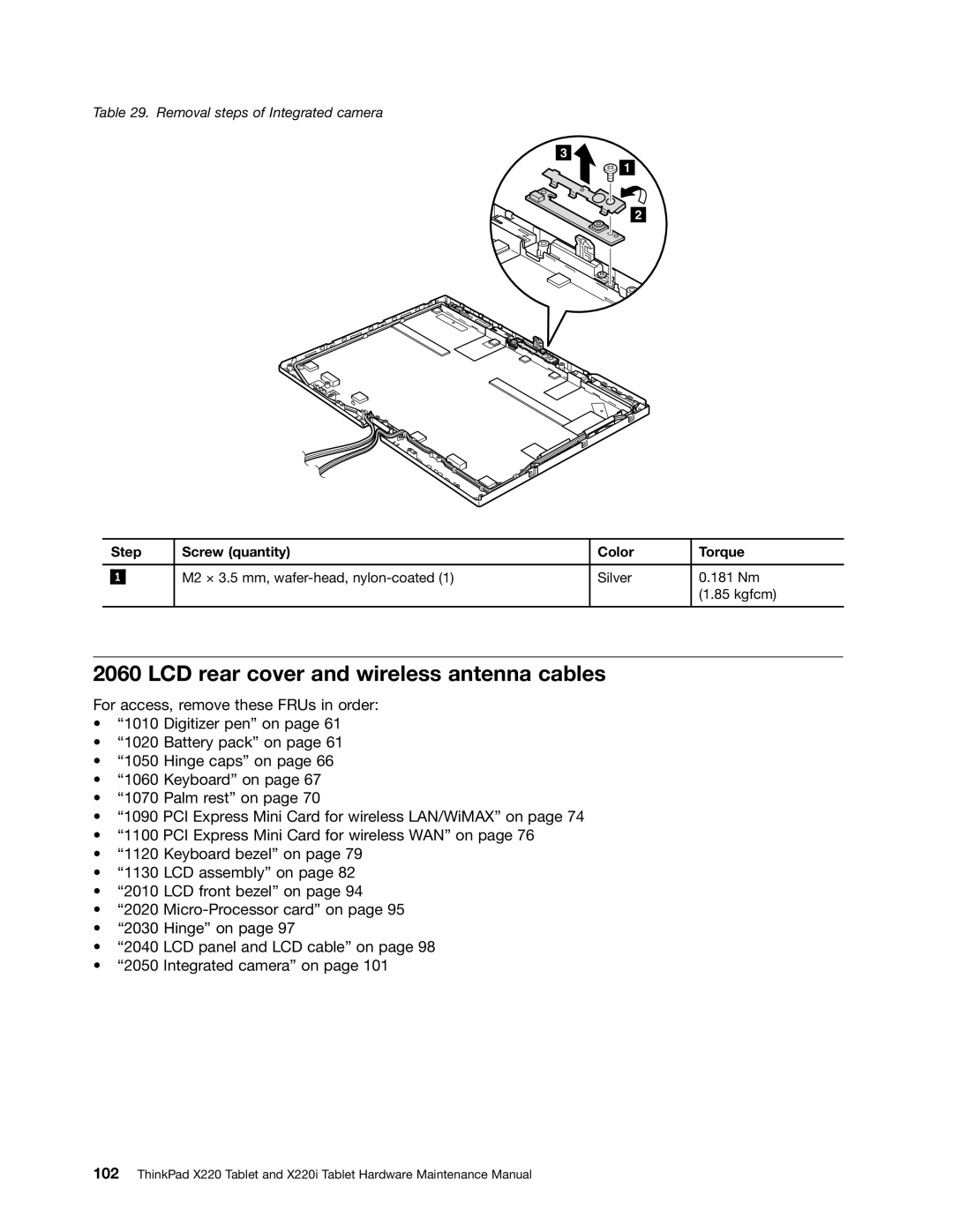 Lenovo X220I manual LCD rear cover and wireless antenna cables, Step Screw quantity Color Torque 