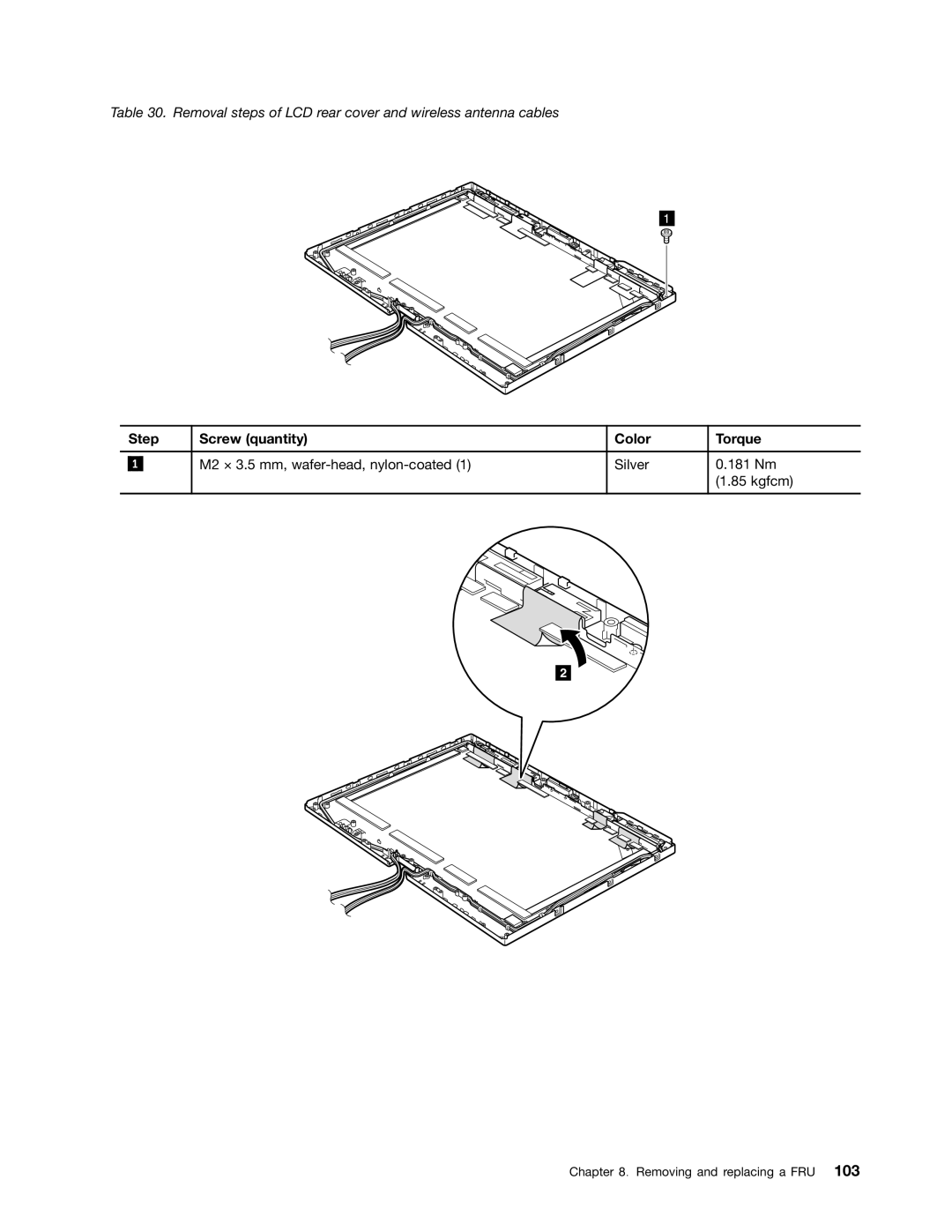 Lenovo X220I manual Removal steps of LCD rear cover and wireless antenna cables 