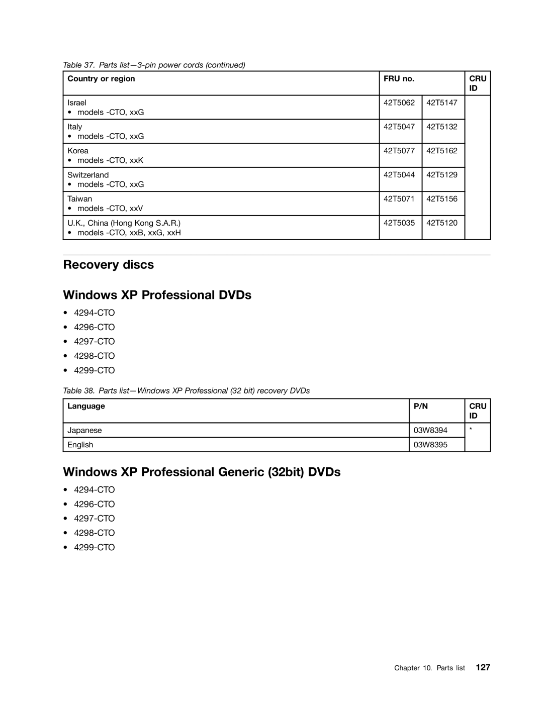 Lenovo X220I manual Recovery discs Windows XP Professional DVDs, Windows XP Professional Generic 32bit DVDs 