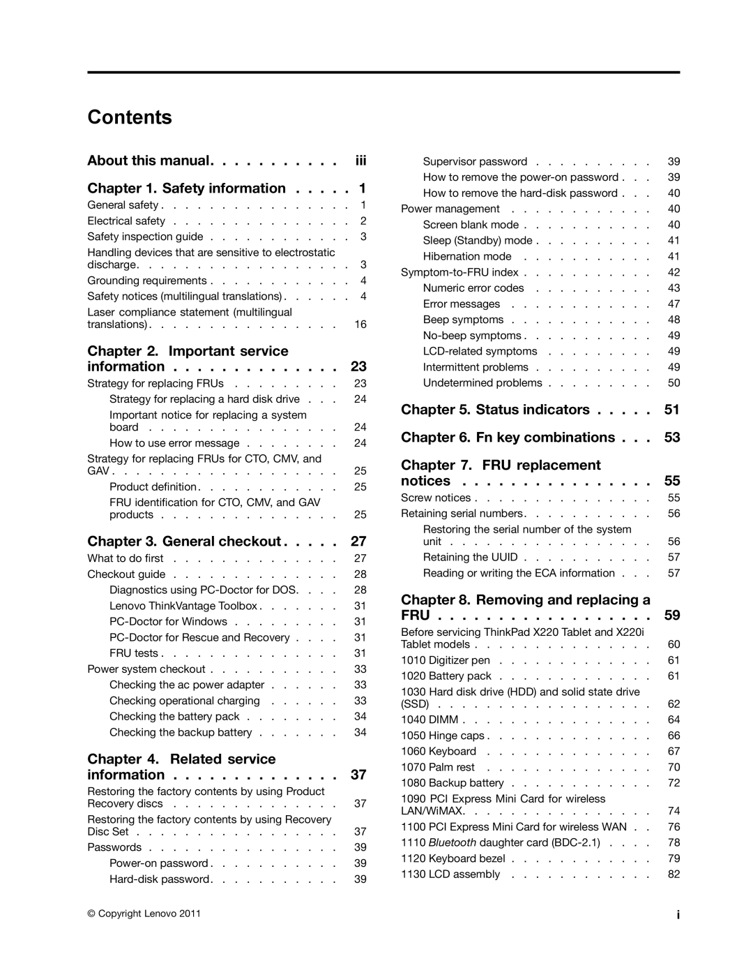 Lenovo X220I manual Contents 