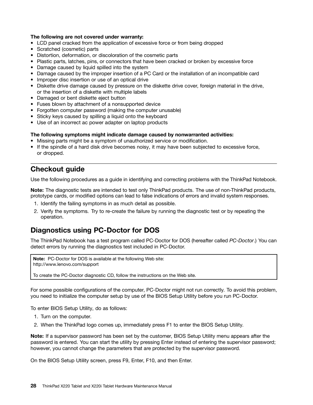 Lenovo X220I manual Checkout guide, Diagnostics using PC-Doctor for DOS 