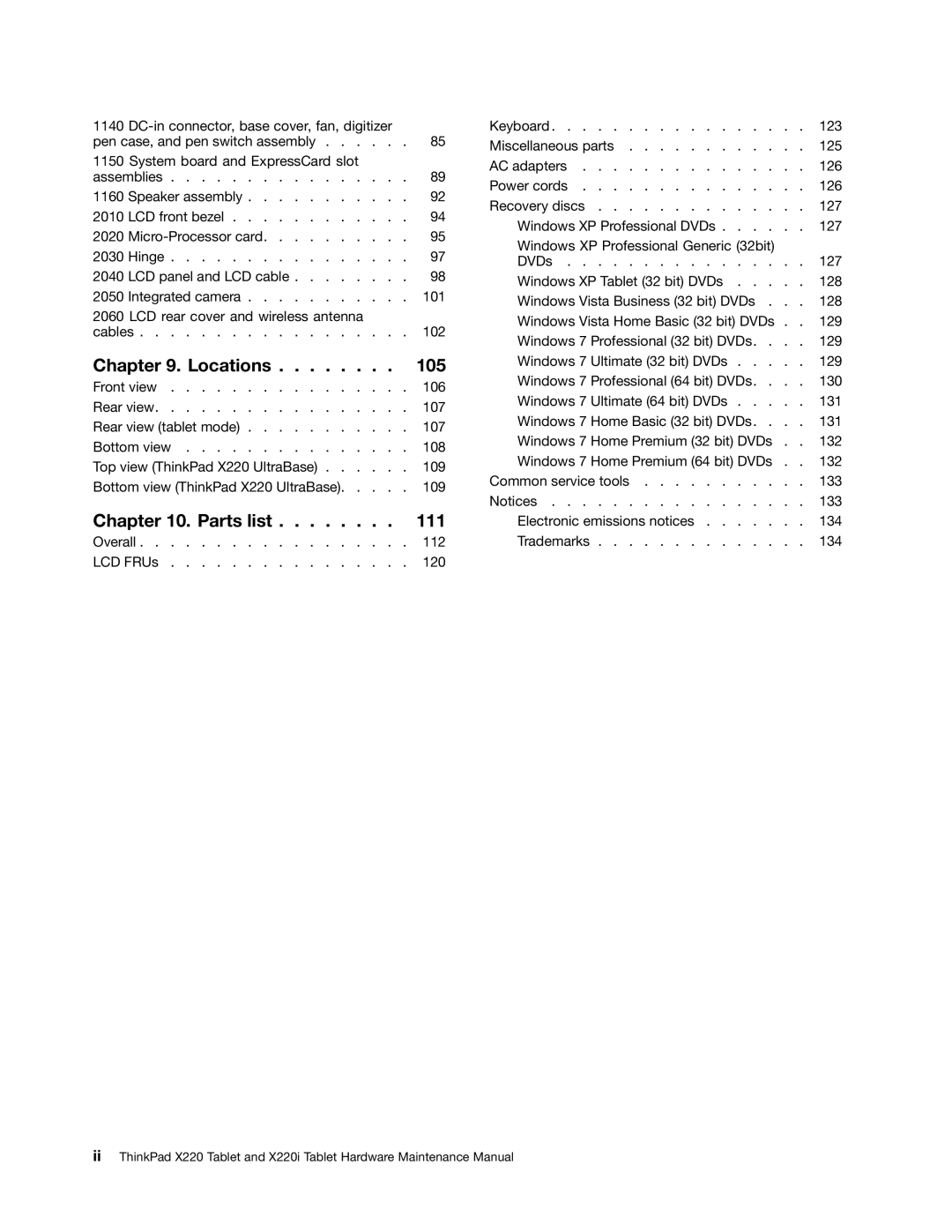 Lenovo X220I manual Locations 105 