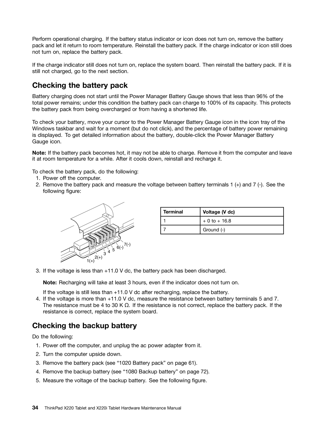 Lenovo X220I manual Checking the battery pack, Checking the backup battery, Terminal Voltage V dc 