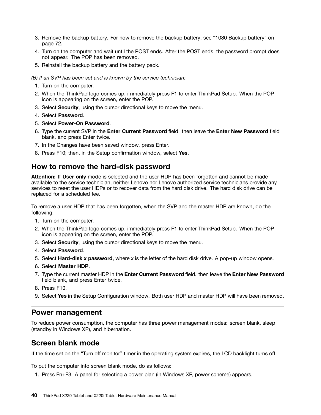 Lenovo X220I manual How to remove the hard-disk password, Power management, Screen blank mode 