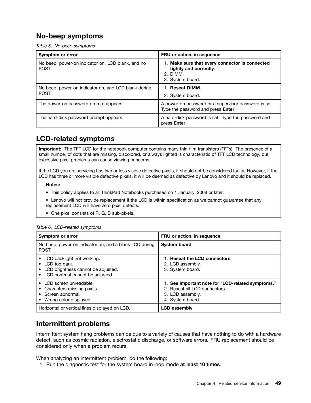 Lenovo X220I manual No-beep symptoms, LCD-related symptoms, Intermittent problems 