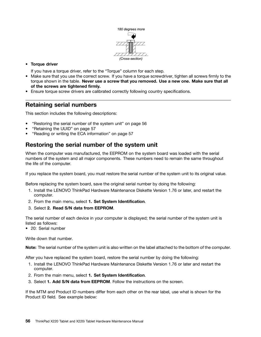 Lenovo X220I manual Retaining serial numbers, Restoring the serial number of the system unit 