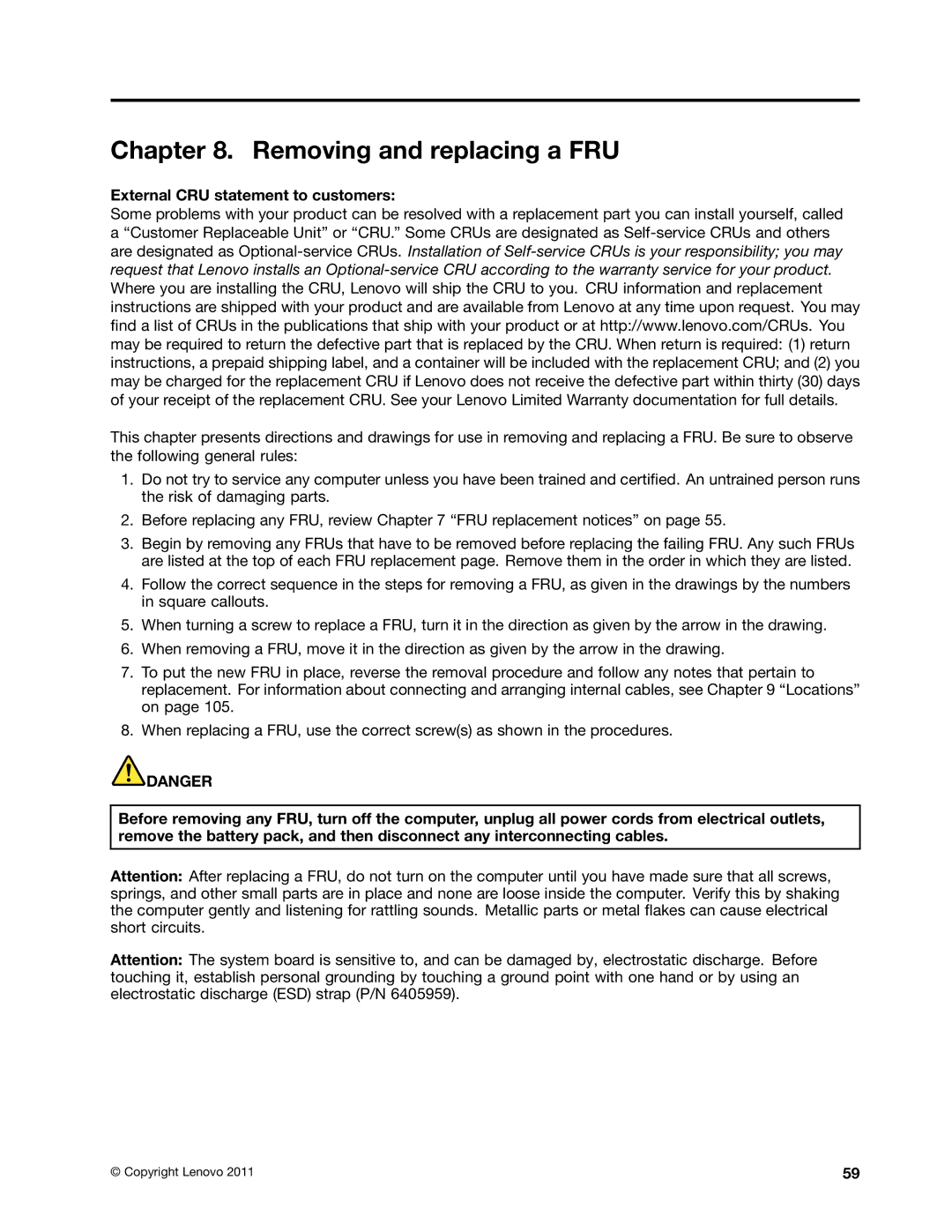 Lenovo X220I manual Removing and replacing a FRU 