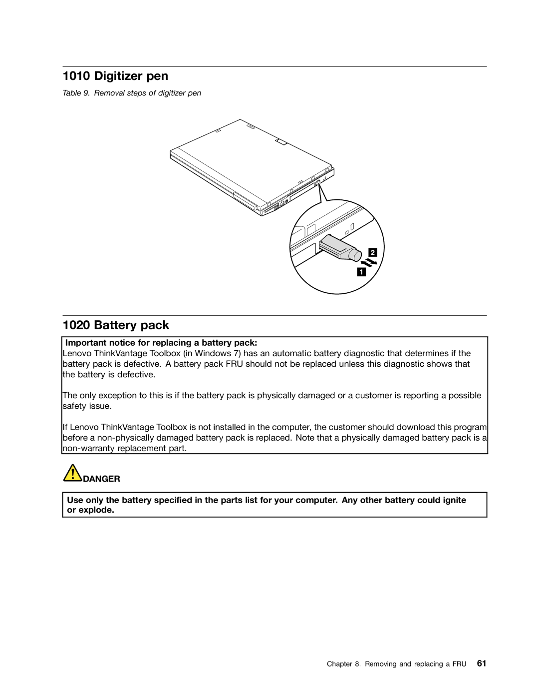 Lenovo X220I manual Digitizer pen, Battery pack 