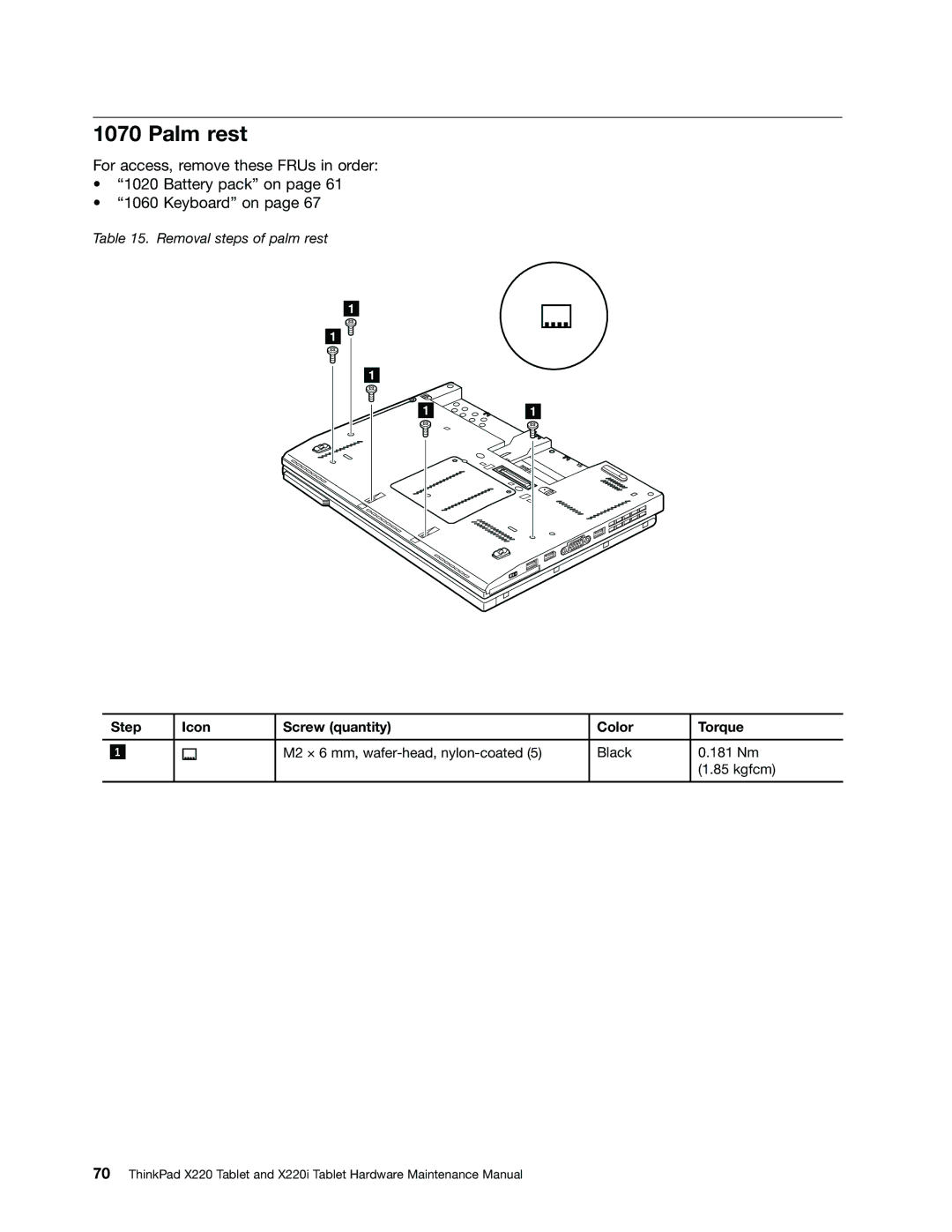 Lenovo X220I manual Palm rest, Step Icon Screw quantity Color Torque 