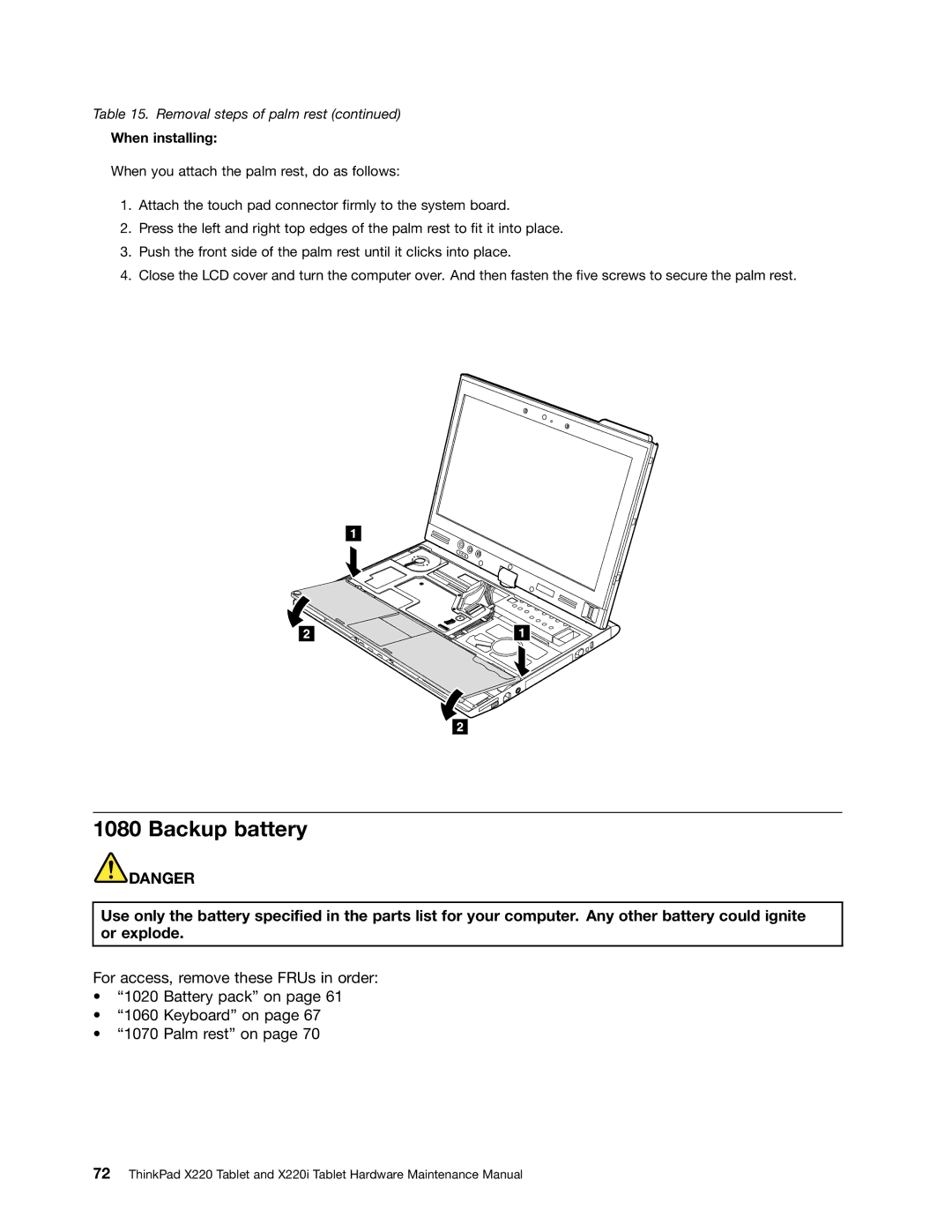 Lenovo X220I manual Backup battery, When installing 