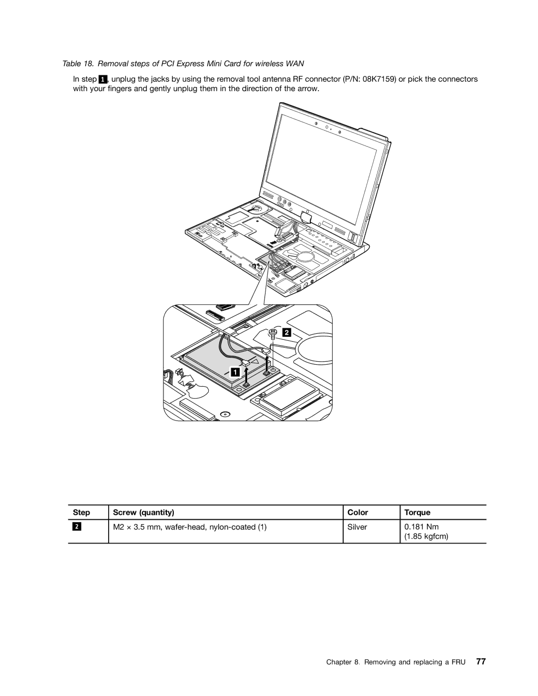 Lenovo X220I manual Removal steps of PCI Express Mini Card for wireless WAN 