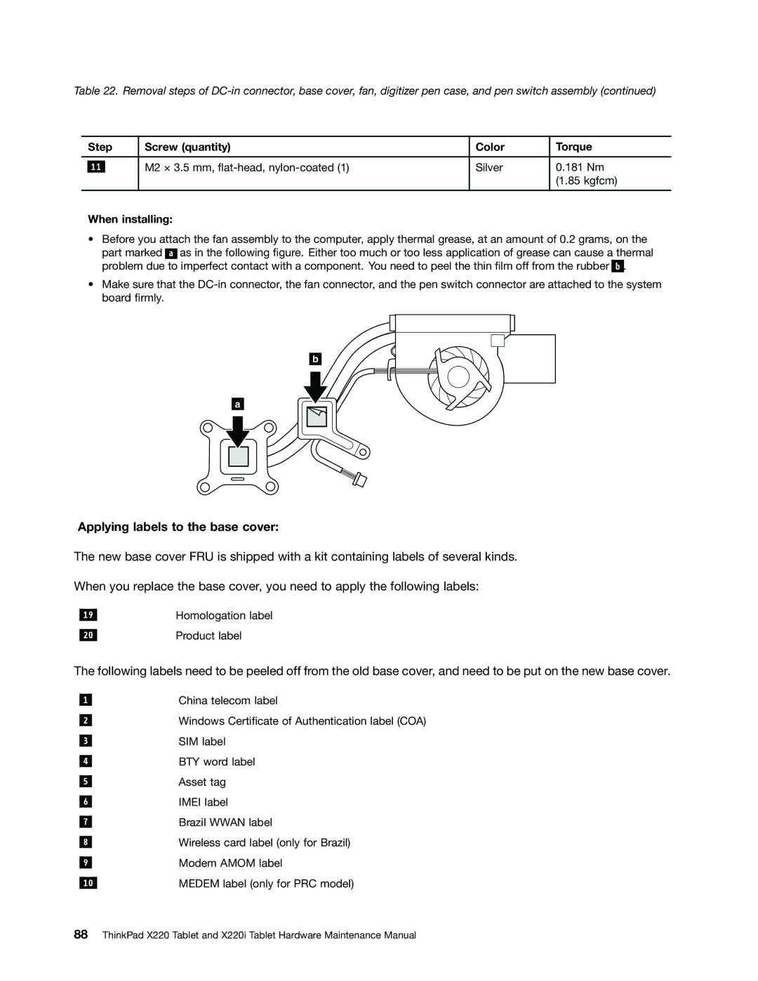 Lenovo X220I manual Applying labels to the base cover 