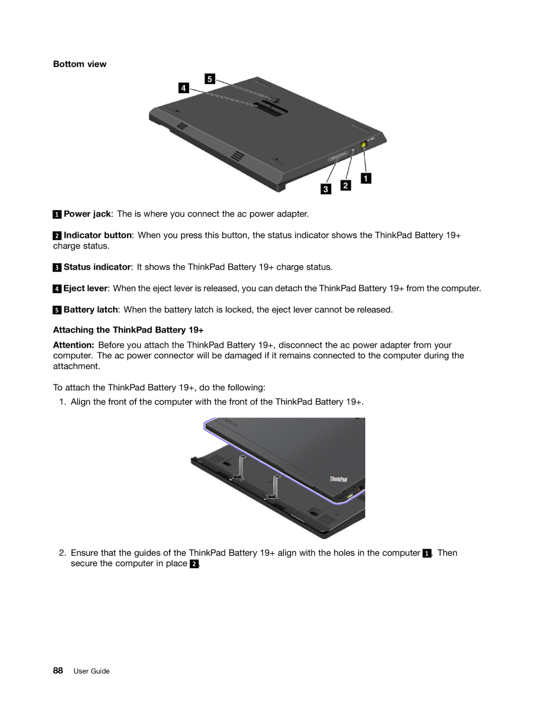 Lenovo X230I manual Bottom view, Attaching the ThinkPad Battery 19+ 