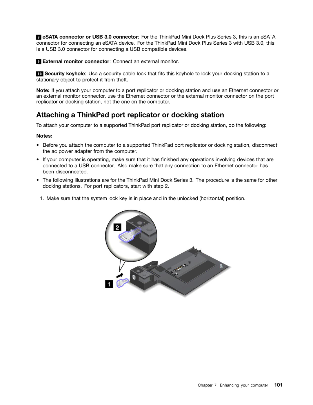 Lenovo X230I manual Attaching a ThinkPad port replicator or docking station 