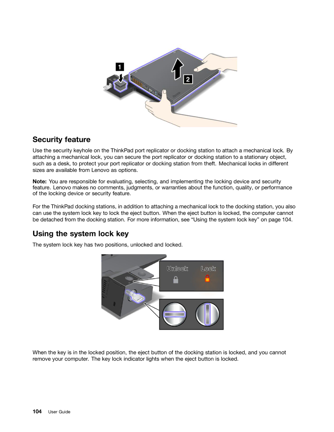 Lenovo X230I manual Security feature, Using the system lock key 