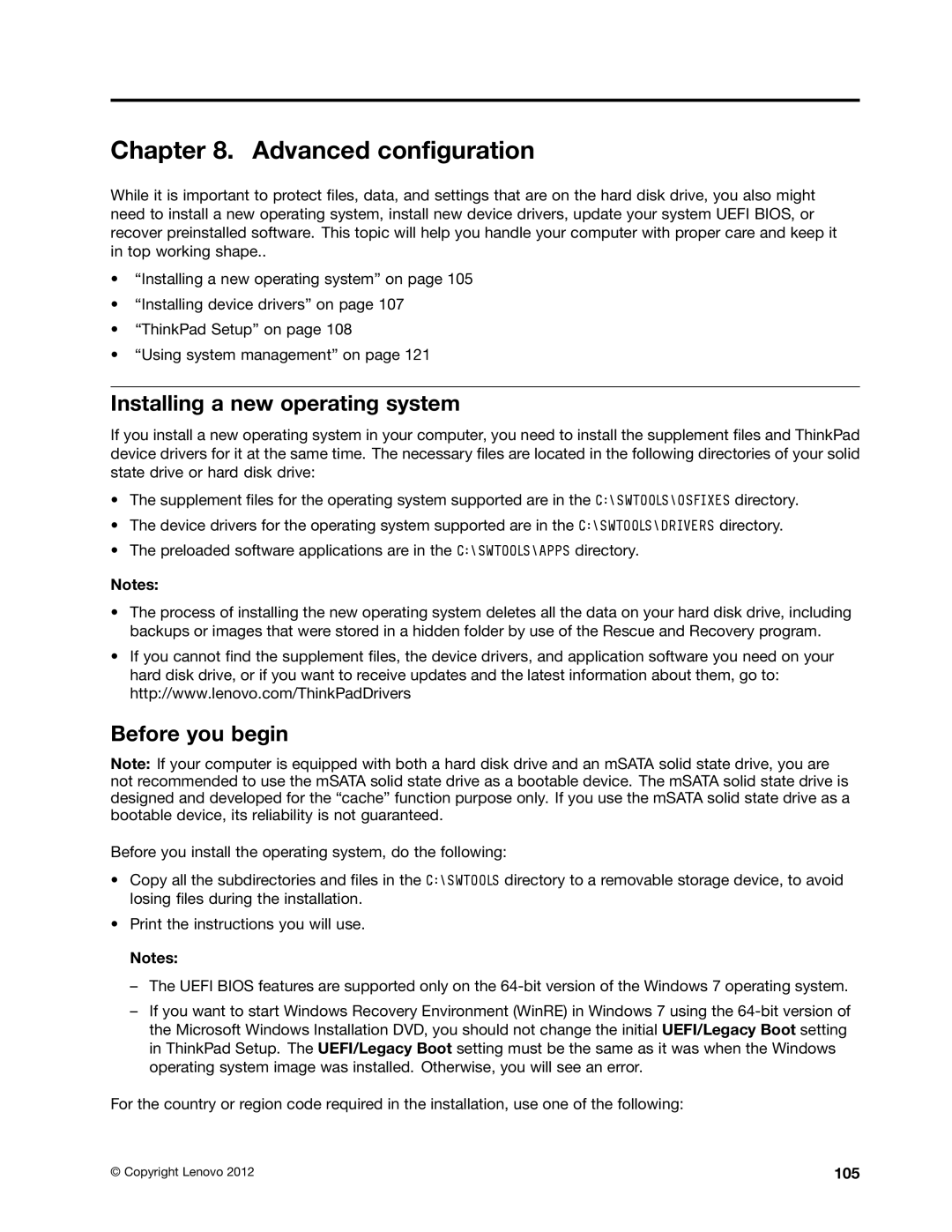 Lenovo X230I manual Advanced configuration, Installing a new operating system, Before you begin, 105 