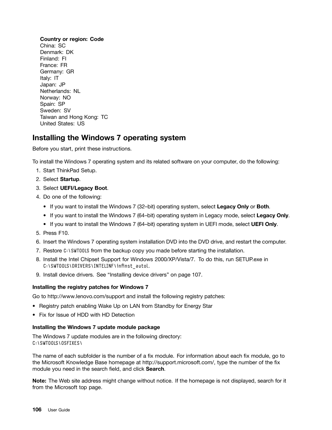 Lenovo X230I manual Installing the Windows 7 operating system, Country or region Code, Select UEFI/Legacy Boot 