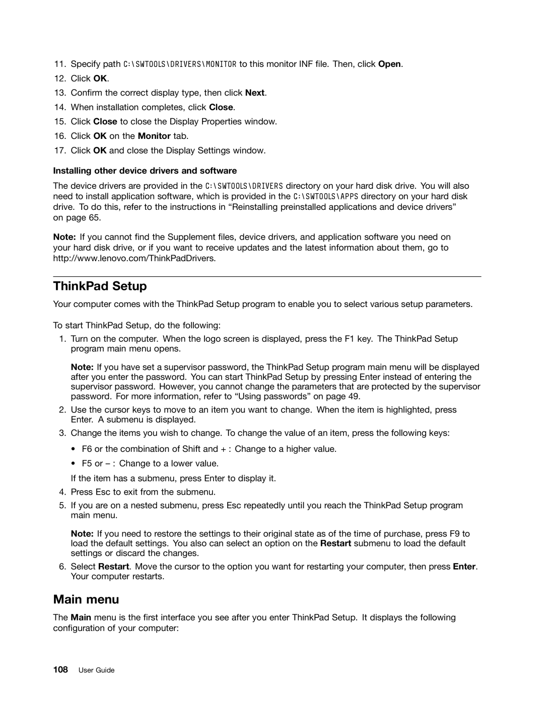 Lenovo X230I manual ThinkPad Setup, Main menu, Installing other device drivers and software 