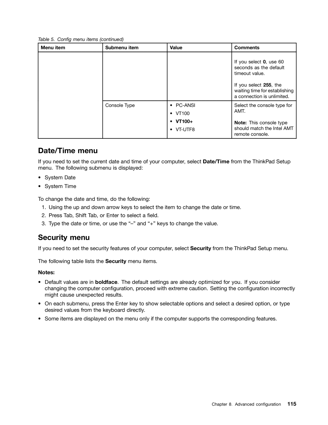 Lenovo X230I manual Date/Time menu, Security menu, VT100+ 