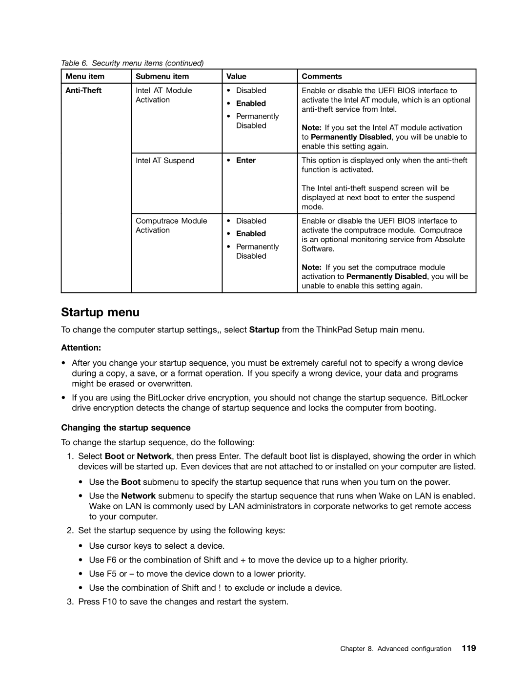 Lenovo X230I manual Startup menu, Changing the startup sequence, Menu item Submenu item Value Comments Anti-Theft 