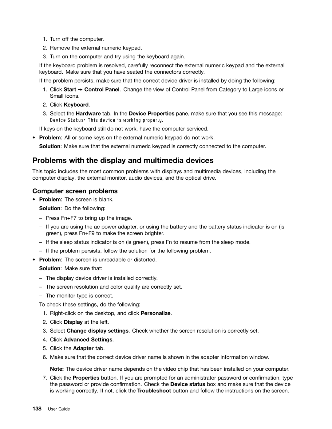 Lenovo X230I manual Problems with the display and multimedia devices, Computer screen problems, Click Keyboard 