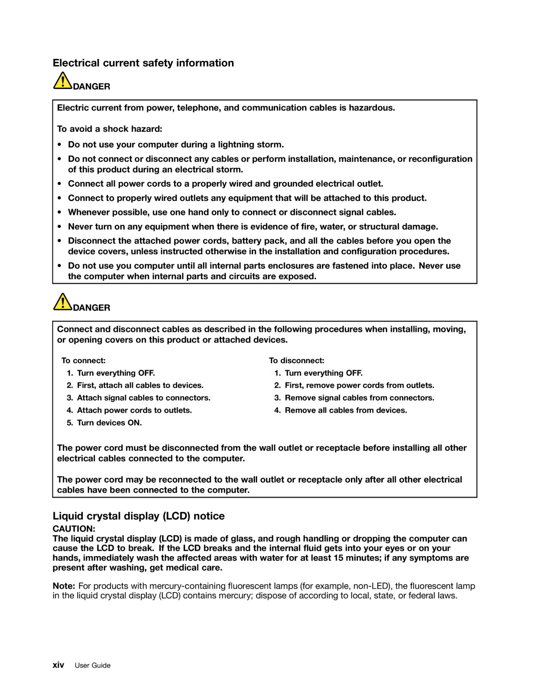 Lenovo X230I manual Electrical current safety information, Liquid crystal display LCD notice 