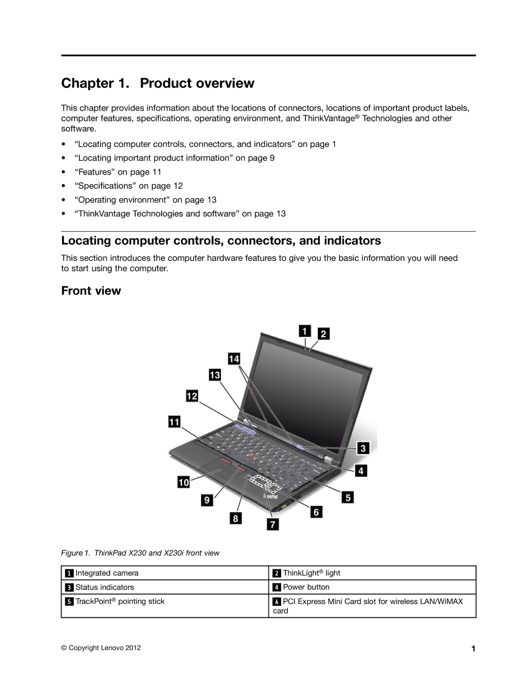 Lenovo X230I manual Product overview, Locating computer controls, connectors, and indicators, Front view 