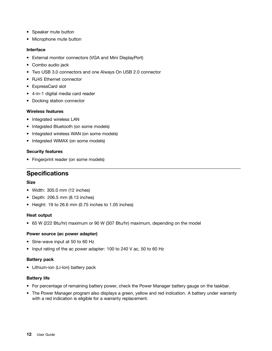 Lenovo X230I manual Specifications 