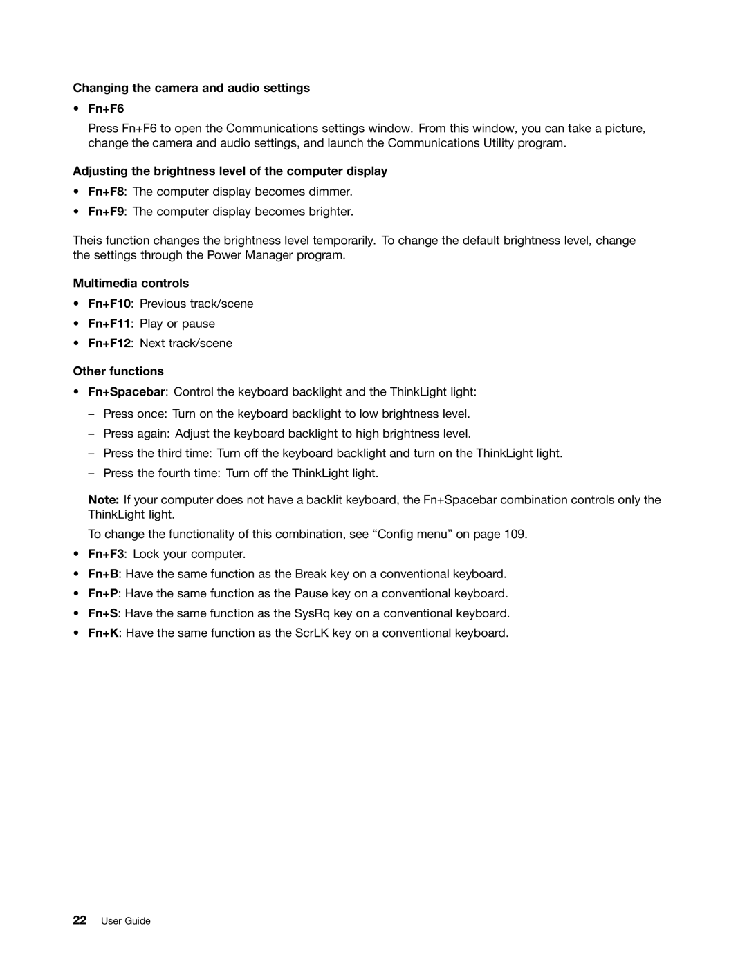 Lenovo X230I manual Changing the camera and audio settings Fn+F6, Adjusting the brightness level of the computer display 