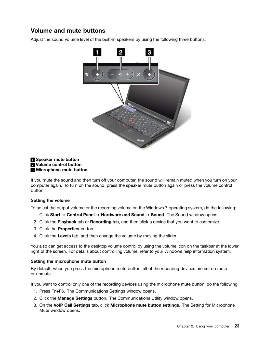 Lenovo X230I manual Volume and mute buttons, Setting the volume, Setting the microphone mute button 