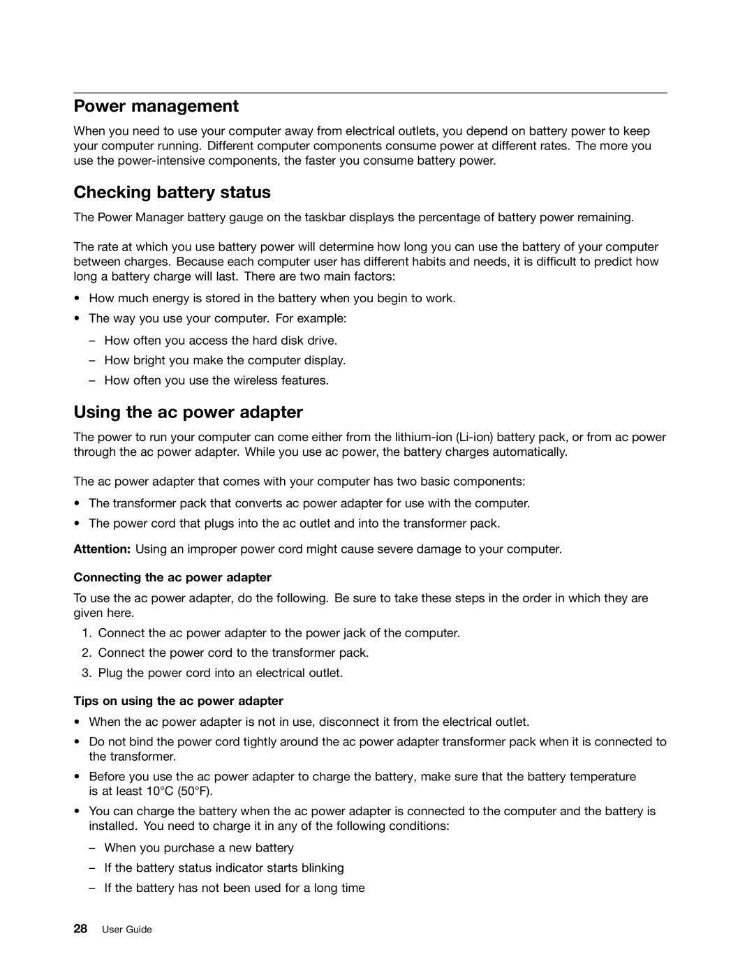 Lenovo X230I manual Power management, Checking battery status, Using the ac power adapter, Connecting the ac power adapter 