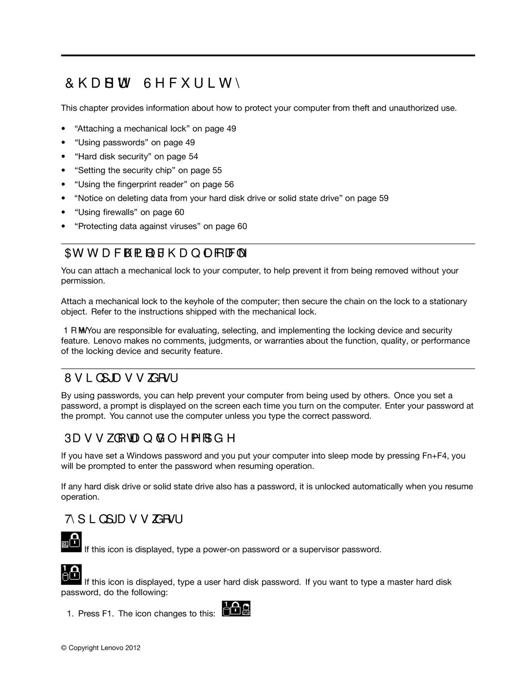 Lenovo X230I manual Security, Attaching a mechanical lock, Using passwords, Passwords and sleep mode, Typing passwords 