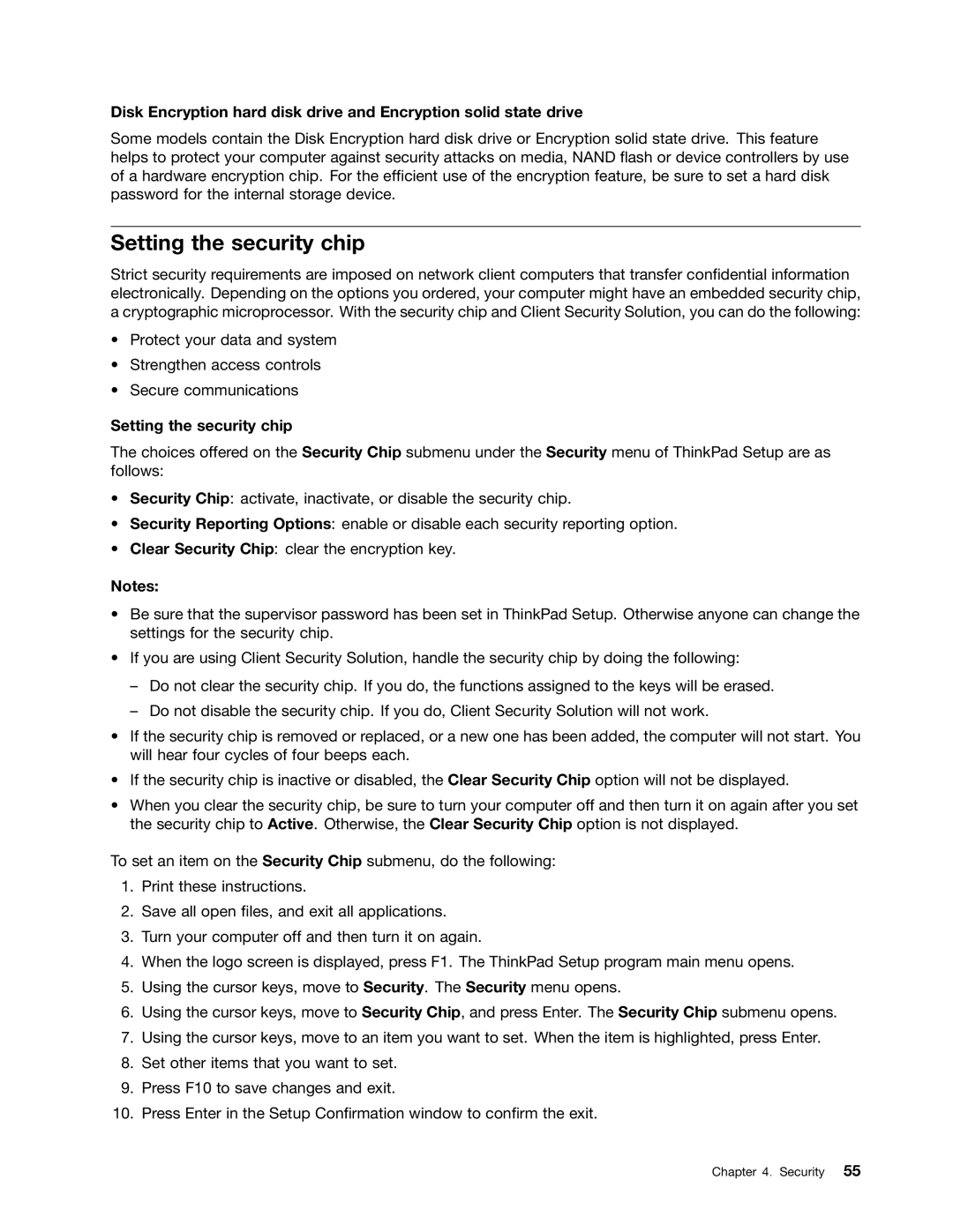 Lenovo X230I manual Setting the security chip 