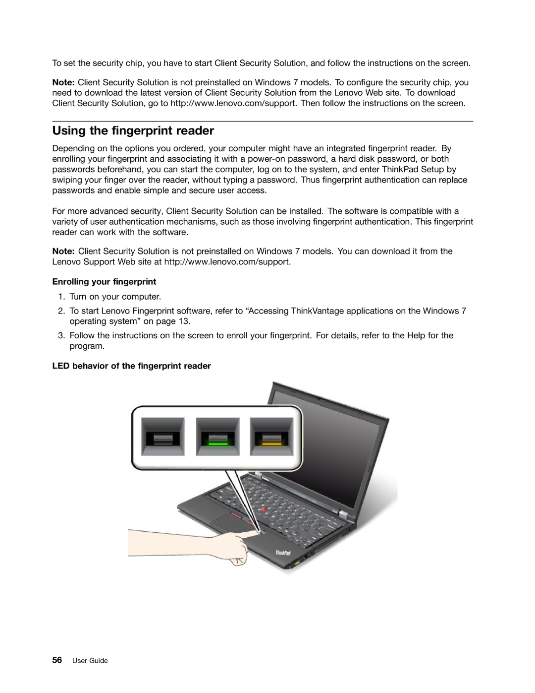 Lenovo X230I manual Using the fingerprint reader, Enrolling your fingerprint, LED behavior of the fingerprint reader 