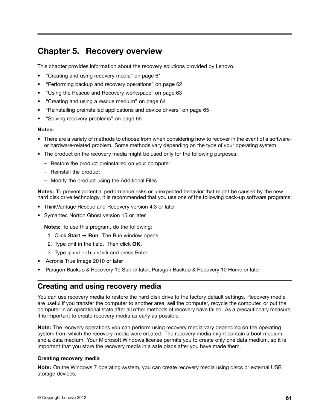 Lenovo X230I manual Recovery overview, Creating and using recovery media, Creating recovery media 