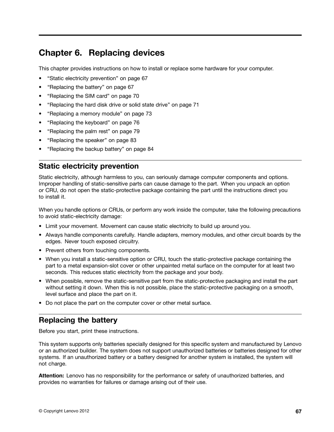 Lenovo X230I manual Replacing devices, Static electricity prevention, Replacing the battery 