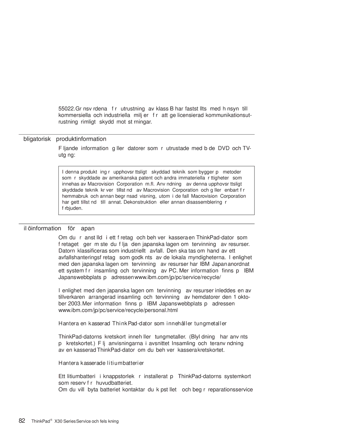 Lenovo X30 manual Obligatorisk produktinformation, Miljöinformation för Japan, Hantera kasserade litiumbatterier 