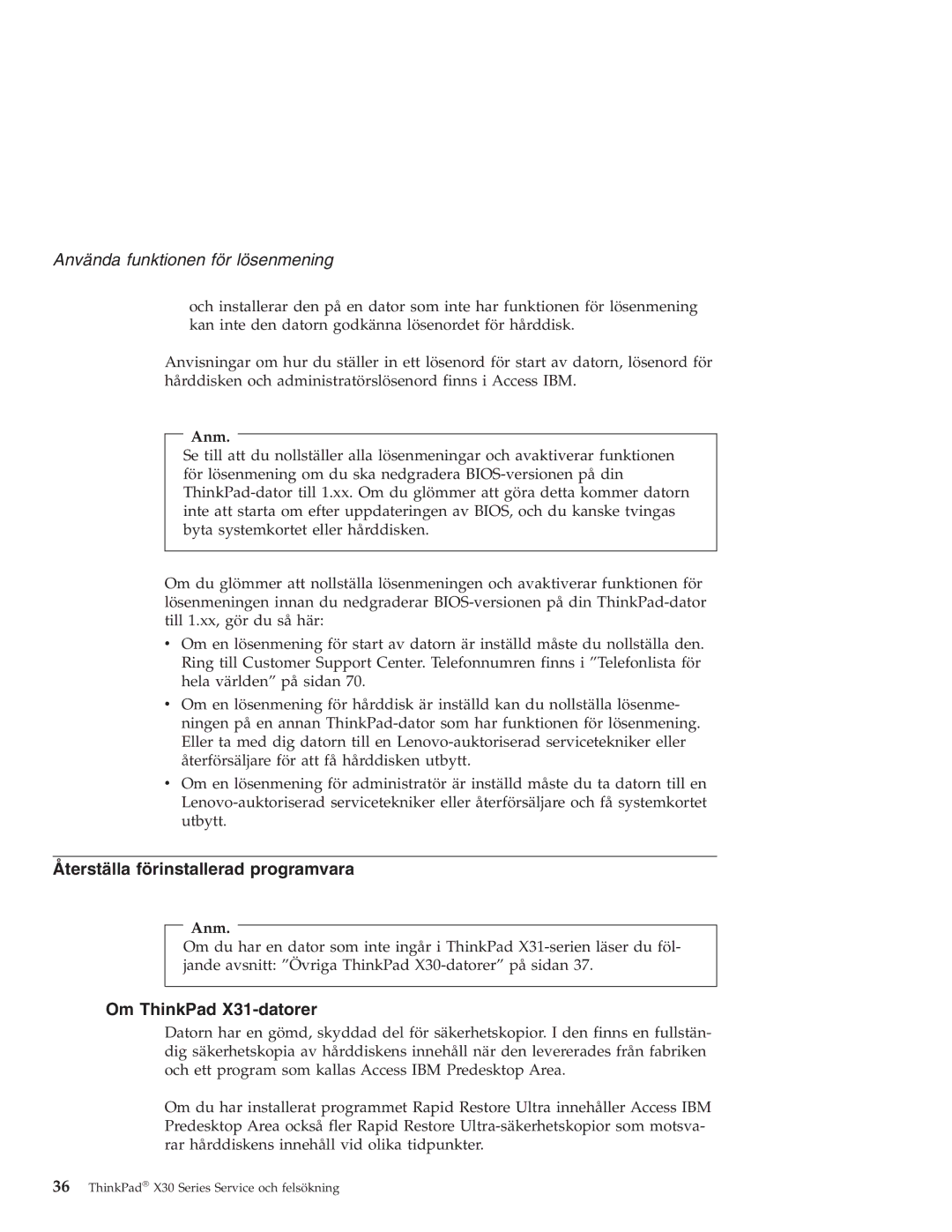 Lenovo X30 manual Återställa förinstallerad programvara, Om ThinkPad X31-datorer 