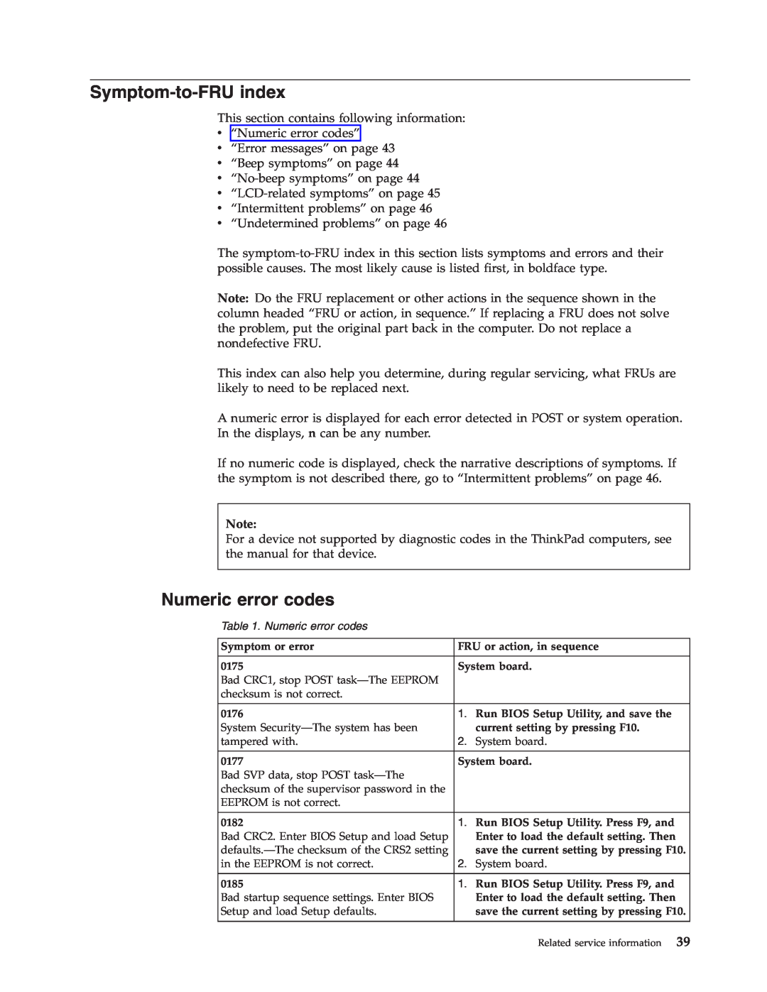Lenovo X300 manual Symptom-to-FRU index, Numeric error codes 
