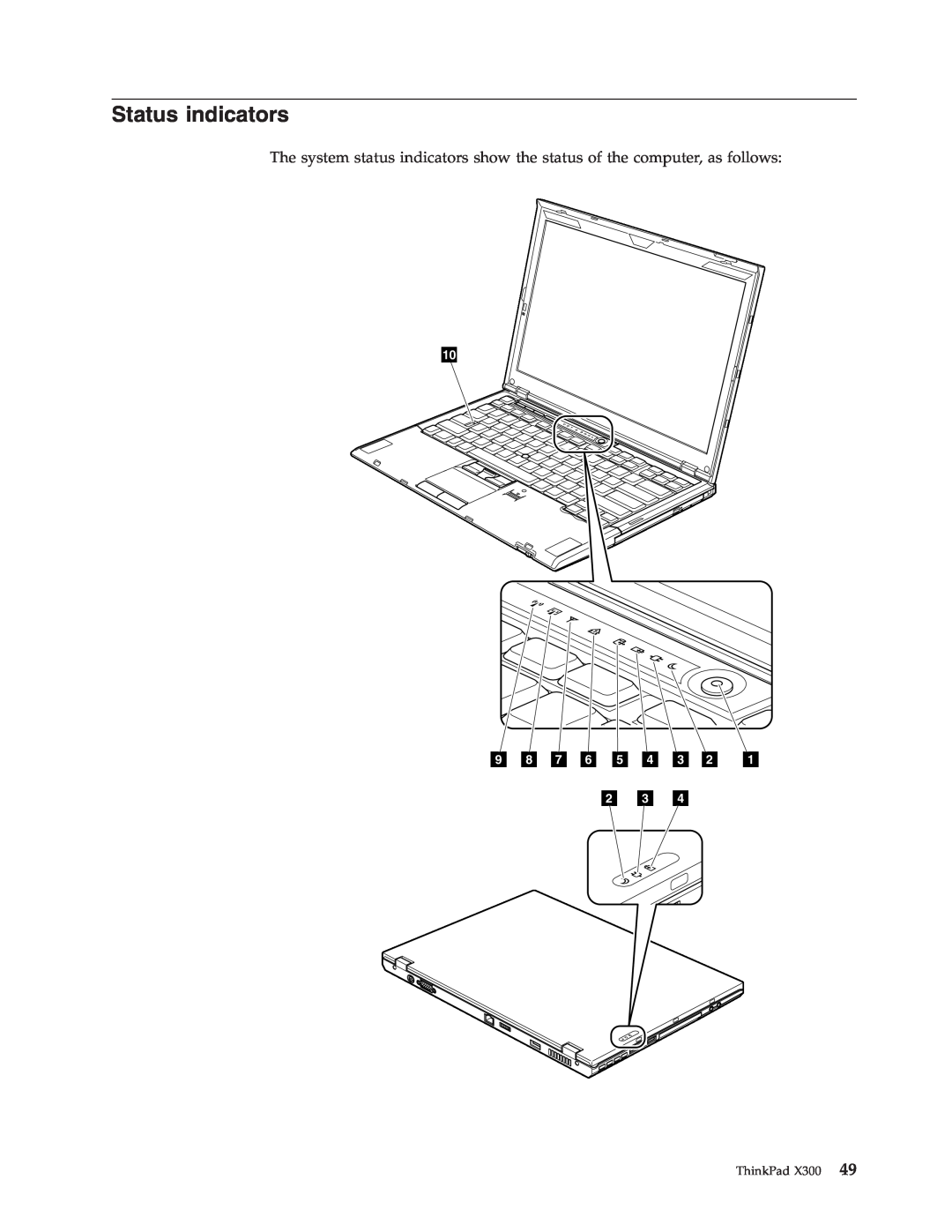 Lenovo manual Status indicators, ThinkPad X300 