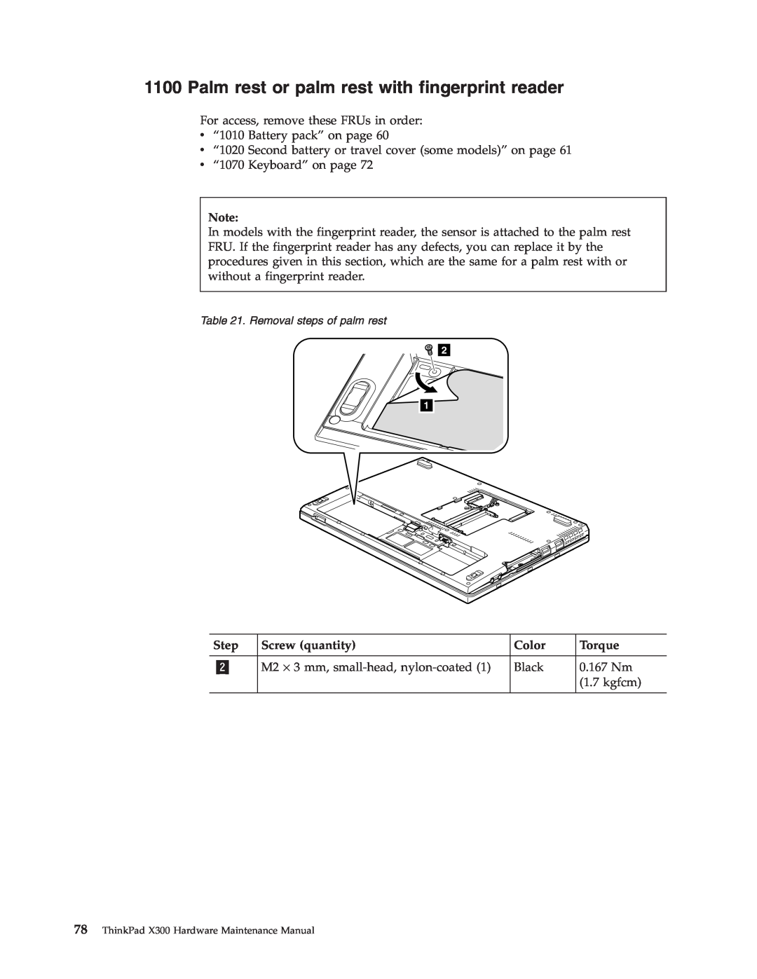 Lenovo X300 manual Palm rest or palm rest with fingerprint reader, Step, Screw quantity, Color, Torque 