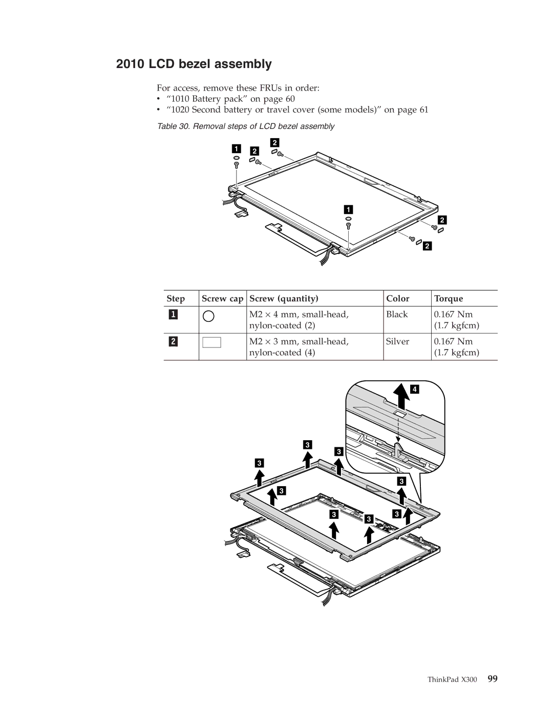 Lenovo X300 manual LCD bezel assembly, Step Screw cap Screw quantity Color Torque 