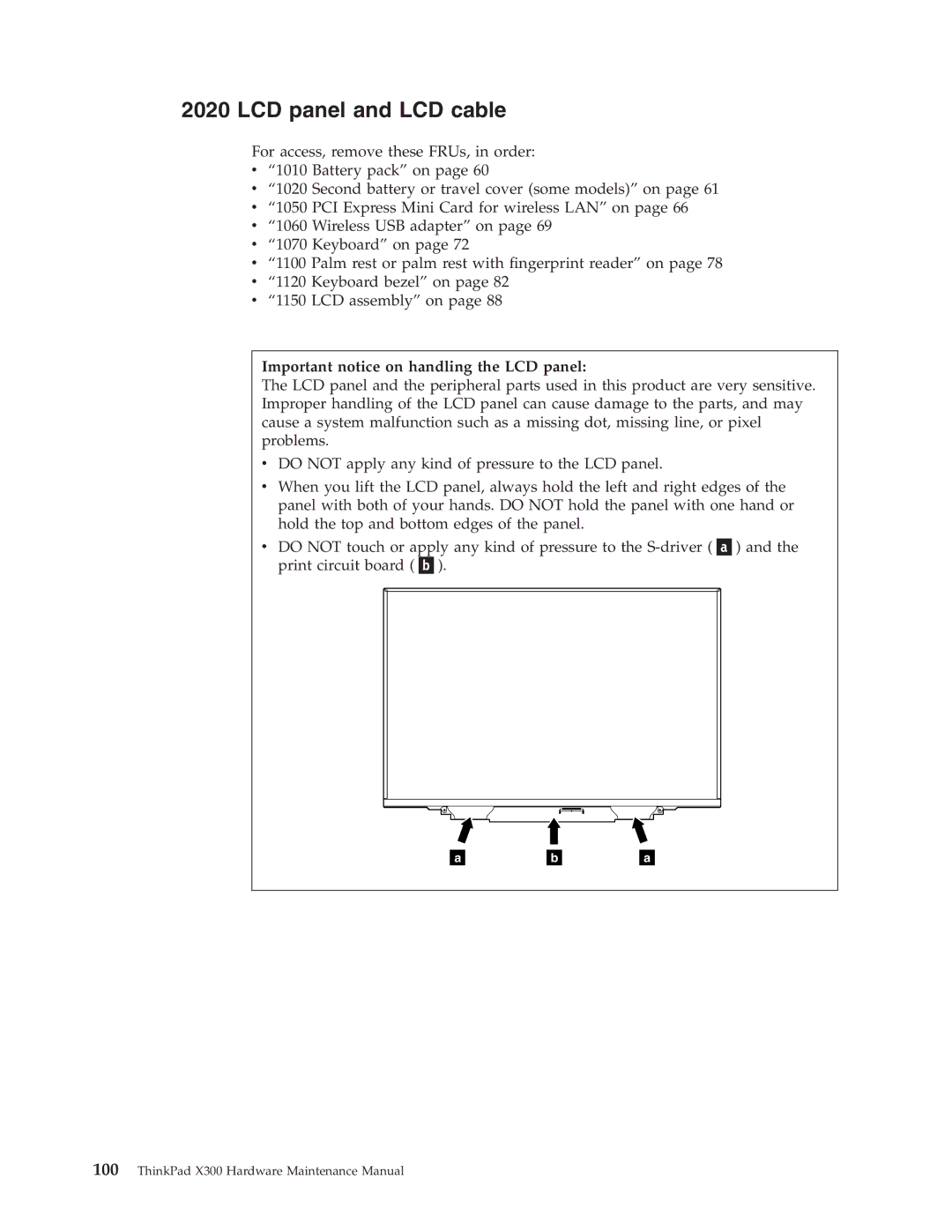 Lenovo X300 manual LCD panel and LCD cable, Important notice on handling the LCD panel 