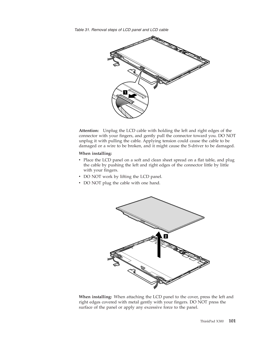 Lenovo X300 manual Removal steps of LCD panel and LCD cable 