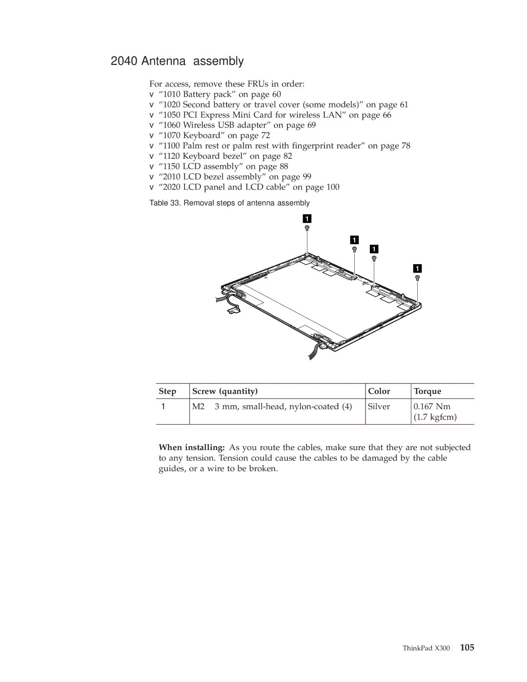 Lenovo X300 manual Antenna assembly, Step Screw quantity Color Torque 