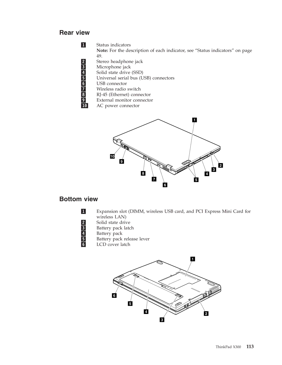 Lenovo X300 manual Rear view, Bottom view 